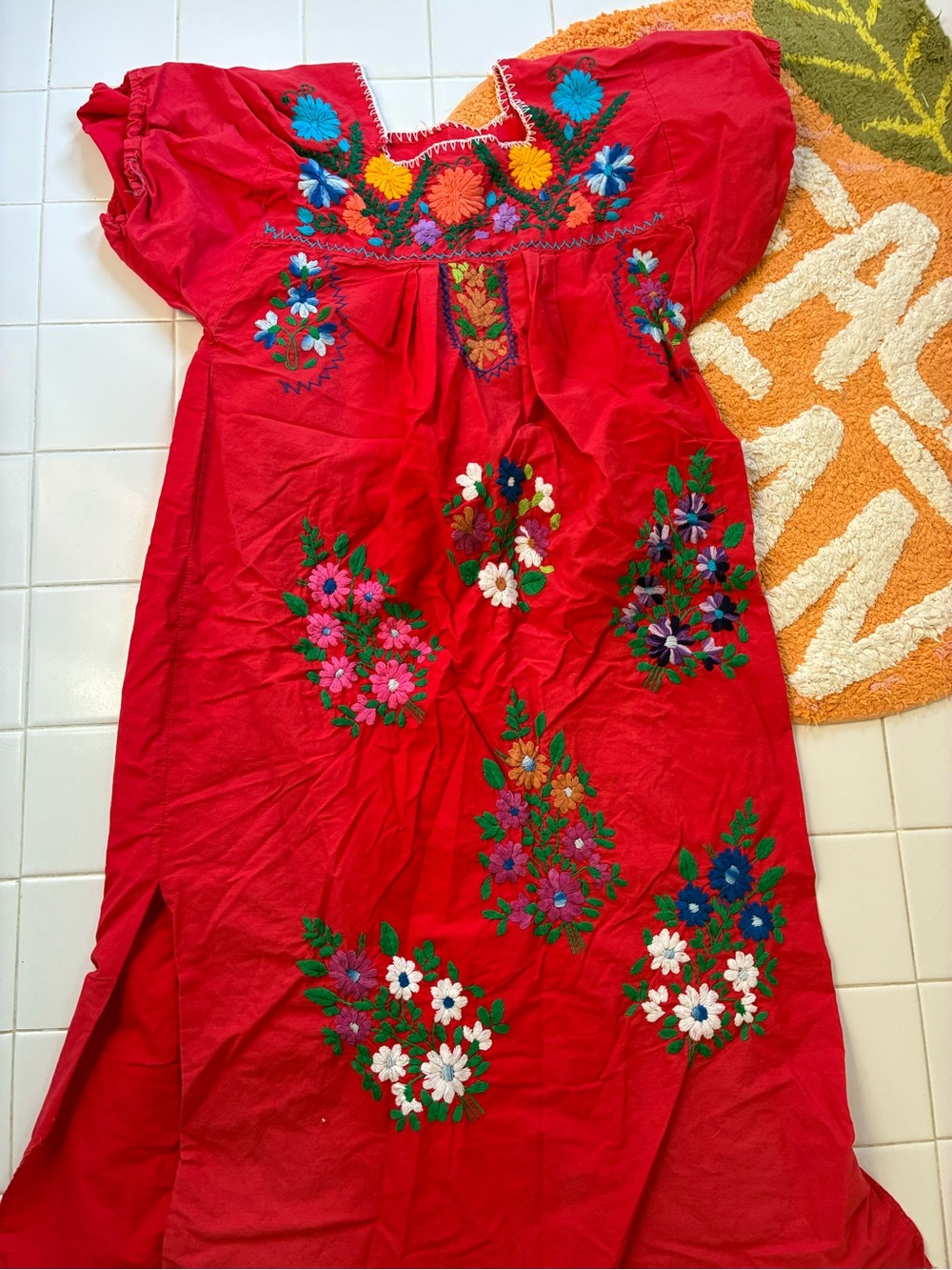 Hand-Embroidered Red Midi Dress with Floral Motif - Women
